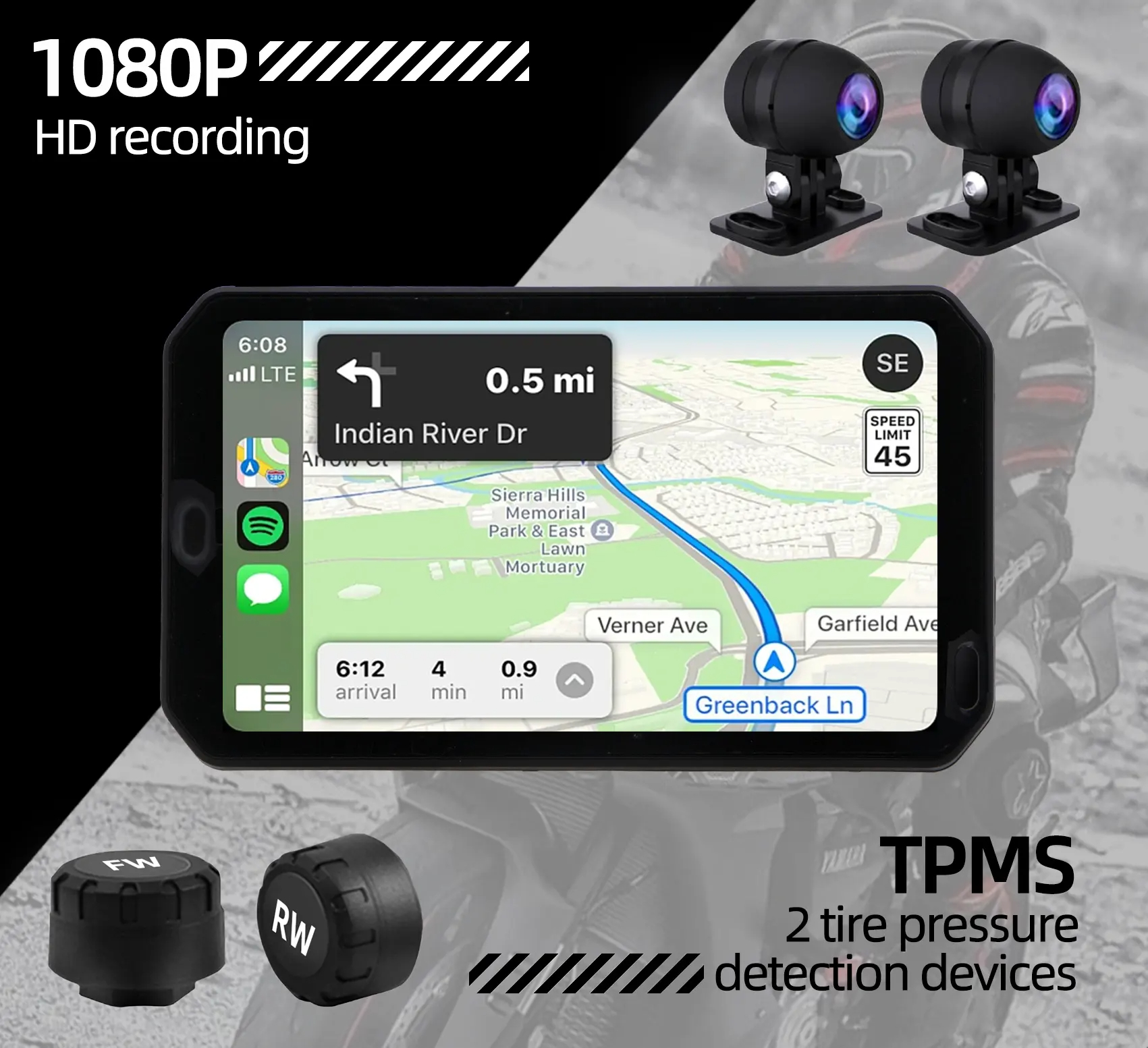 Tela carplay de 5 polegadas touch à prova d'água para motocicleta, gps, monitor carplay, android, bt, sem fio, motor carplay, navegação gps para bicicleta