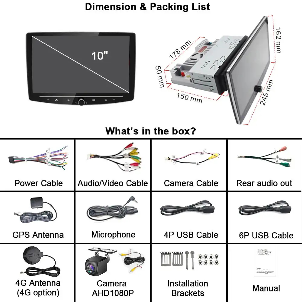 Tela de toque removível 10.1 'Android Radios Car Multimedia Player com GPS 1 Din Car Video Player